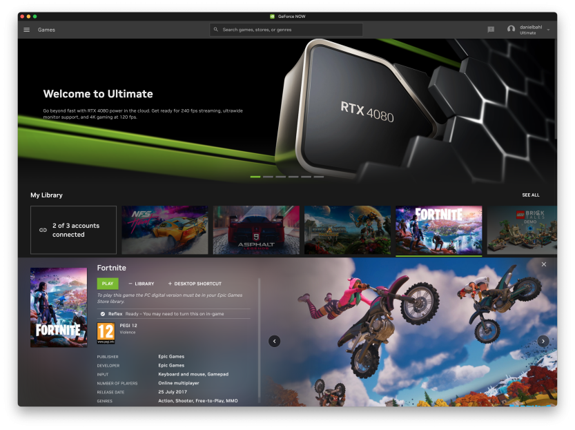 Screenshot af NVIDIA GeForce Now med spillet Fortnite åben